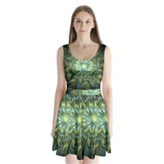 Fractal Green Gold Glowing Split Back Mini Dress  by Pakrebo