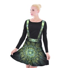 Fractal Green Gold Glowing Suspender Skater Skirt by Pakrebo