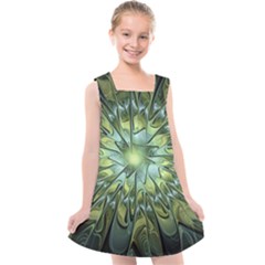 Fractal Green Gold Glowing Kids  Cross Back Dress