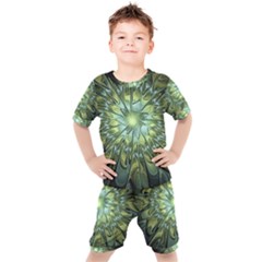 Fractal Green Gold Glowing Kids  Tee And Shorts Set by Pakrebo