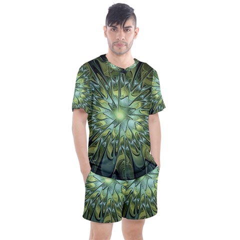 Fractal Green Gold Glowing Men s Mesh Tee And Shorts Set by Pakrebo