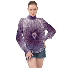 Purple Lavender Wisps White High Neck Long Sleeve Chiffon Top