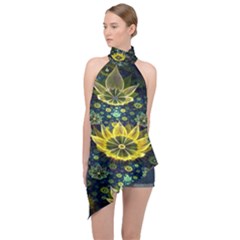 Fractal Undersea Flowers Abstract Halter Asymmetric Satin Top by Pakrebo