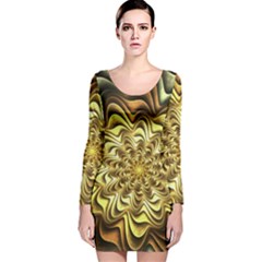 Fractal Flower Petals Gold Long Sleeve Velvet Bodycon Dress by Pakrebo