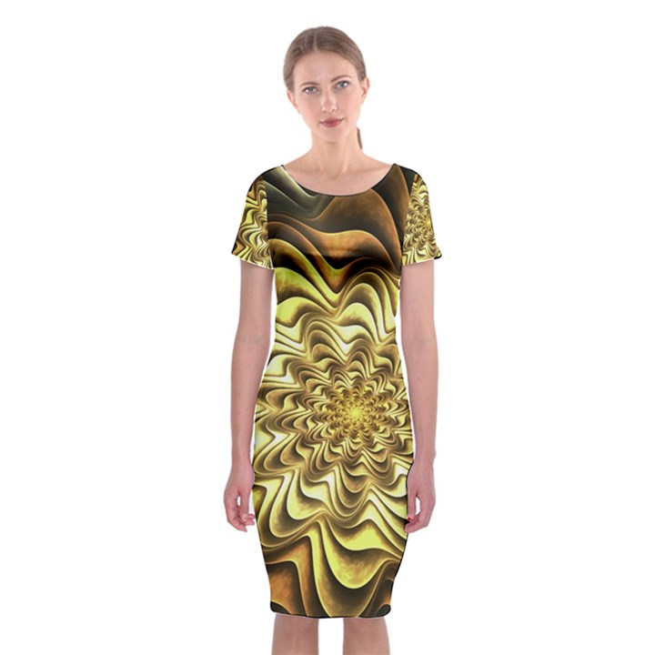 Fractal Flower Petals Gold Classic Short Sleeve Midi Dress