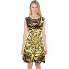 Fractal Flower Petals Gold Capsleeve Midi Dress by Pakrebo