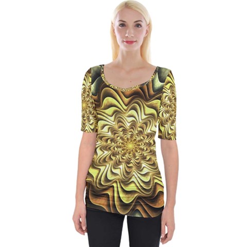 Fractal Flower Petals Gold Wide Neckline Tee by Pakrebo