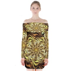 Fractal Flower Petals Gold Long Sleeve Off Shoulder Dress by Pakrebo