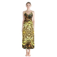 Fractal Flower Petals Gold Button Up Chiffon Maxi Dress by Pakrebo