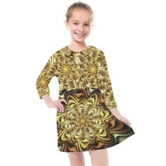 Fractal Flower Petals Gold Kids  Quarter Sleeve Shirt Dress by Pakrebo