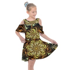 Fractal Flower Petals Gold Kids  Shoulder Cutout Chiffon Dress by Pakrebo