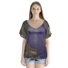 Fractal Earth Rays Design Planet V-neck Flutter Sleeve Top by Pakrebo