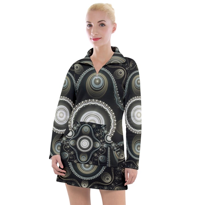 Fractal Beige Blue Abstract Women s Long Sleeve Casual Dress