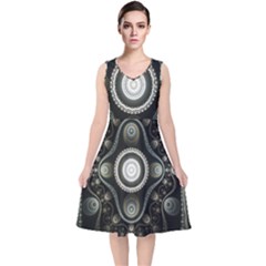 Fractal Beige Blue Abstract V-neck Midi Sleeveless Dress  by Pakrebo