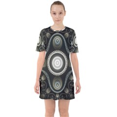 Fractal Beige Blue Abstract Sixties Short Sleeve Mini Dress