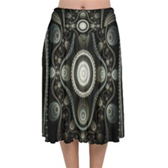 Fractal Beige Blue Abstract Velvet Flared Midi Skirt by Pakrebo