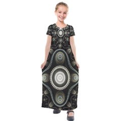 Fractal Beige Blue Abstract Kids  Short Sleeve Maxi Dress by Pakrebo