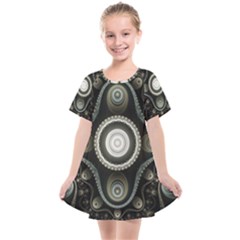 Fractal Beige Blue Abstract Kids  Smock Dress by Pakrebo