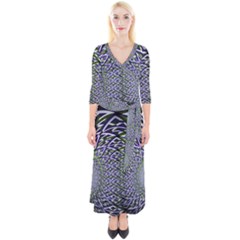 Fractal Blue Green Mirror Flowers Quarter Sleeve Wrap Maxi Dress