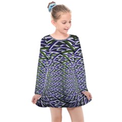 Fractal Blue Green Mirror Flowers Kids  Long Sleeve Dress by Pakrebo