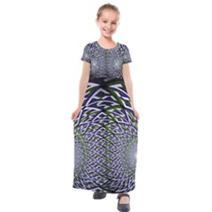 Fractal Blue Green Mirror Flowers Kids  Short Sleeve Maxi Dress by Pakrebo