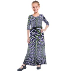 Fractal Blue Green Mirror Flowers Kids  Quarter Sleeve Maxi Dress by Pakrebo