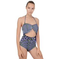 Fractal Blue Green Mirror Flowers Scallop Top Cut Out Swimsuit by Pakrebo