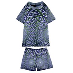 Fractal Blue Green Mirror Flowers Kids  Swim Tee And Shorts Set by Pakrebo