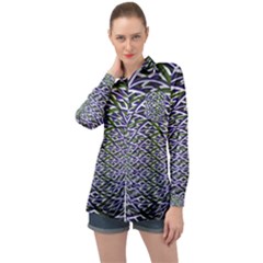 Fractal Blue Green Mirror Flowers Long Sleeve Satin Shirt