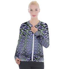 Fractal Blue Green Mirror Flowers Casual Zip Up Jacket