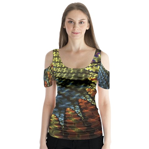 Fractal Spiral Colorful Geometry Butterfly Sleeve Cutout Tee  by Pakrebo