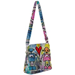 Graffiti Pop Robot Love Zipper Messenger Bag by ArtistRoseanneJones