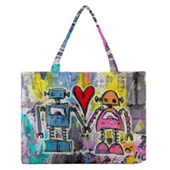 Graffiti Pop Robot Love Zipper Medium Tote Bag by ArtistRoseanneJones