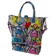 Graffiti Pop Robot Love Buckle Top Tote Bag by ArtistRoseanneJones