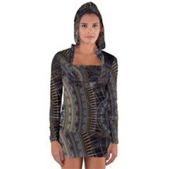 Fractal Spikes Gears Abstract Long Sleeve Hooded T-shirt by Pakrebo