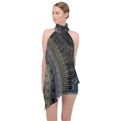 Fractal Spikes Gears Abstract Halter Asymmetric Satin Top by Pakrebo