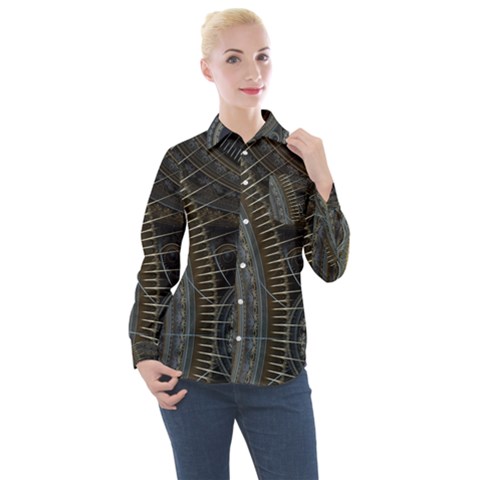 Fractal Spikes Gears Abstract Women s Long Sleeve Pocket Shirt by Pakrebo