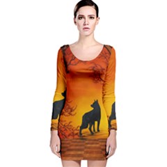 Wonderful Wolf In The Night Long Sleeve Velvet Bodycon Dress by FantasyWorld7