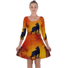 Wonderful Wolf In The Night Quarter Sleeve Skater Dress