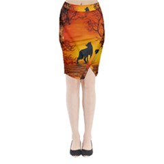 Wonderful Wolf In The Night Midi Wrap Pencil Skirt by FantasyWorld7