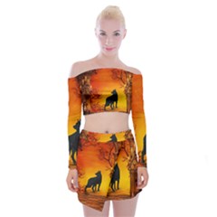 Wonderful Wolf In The Night Off Shoulder Top With Mini Skirt Set by FantasyWorld7