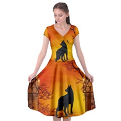 Wonderful Wolf In The Night Cap Sleeve Wrap Front Dress by FantasyWorld7