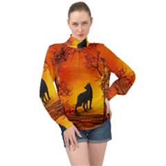 Wonderful Wolf In The Night High Neck Long Sleeve Chiffon Top