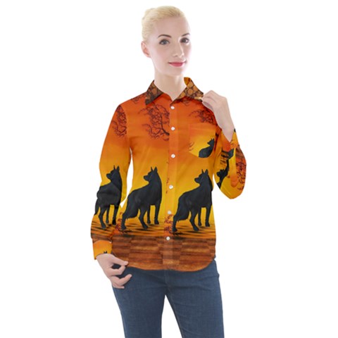 Wonderful Wolf In The Night Women s Long Sleeve Pocket Shirt by FantasyWorld7