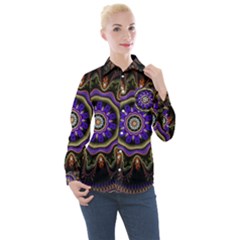 Fractal Vintage Colorful Decorative Women s Long Sleeve Pocket Shirt