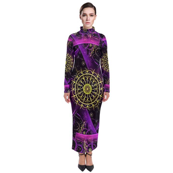 Fractal Neon Rings Geometric Turtleneck Maxi Dress