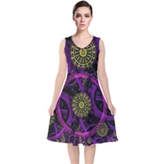 Fractal Neon Rings Geometric V-neck Midi Sleeveless Dress  by Pakrebo