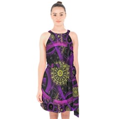 Fractal Neon Rings Geometric Halter Collar Waist Tie Chiffon Dress by Pakrebo