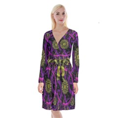 Fractal Neon Rings Geometric Long Sleeve Velvet Front Wrap Dress by Pakrebo