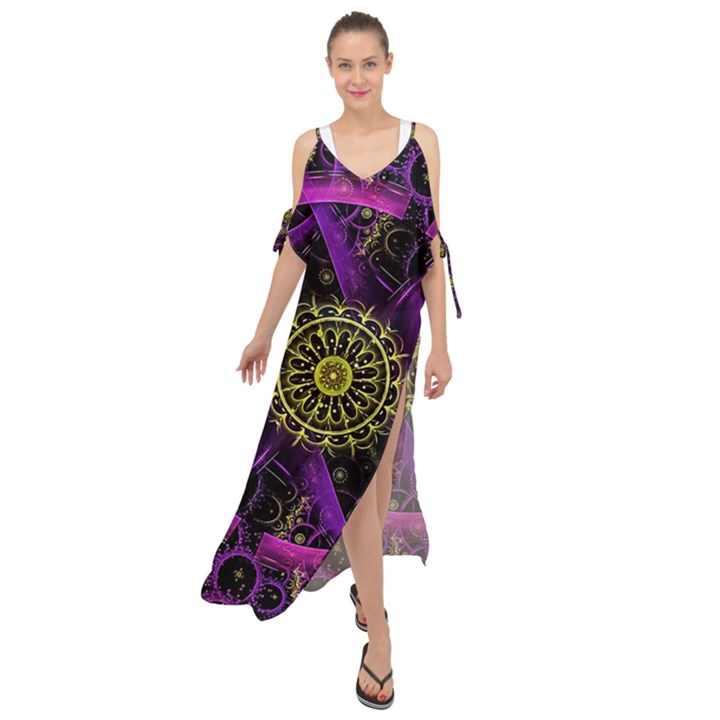 Fractal Neon Rings Geometric Maxi Chiffon Cover Up Dress